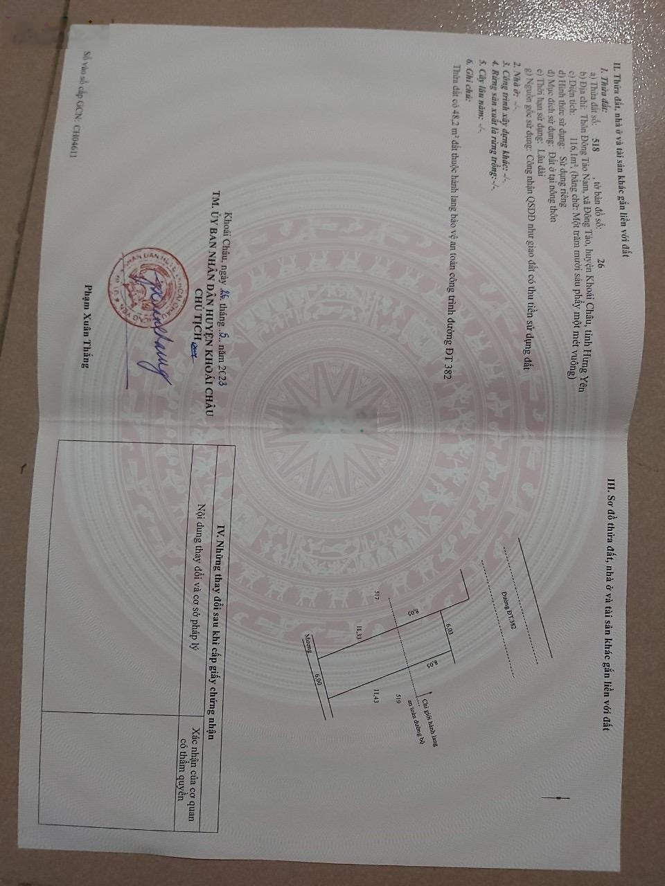 Bán Đất 253m2 tại ĐT382, Đông Tảo, Khoái Châu, Hưng Yên, giá thỏa thuận, mặt tiền 12m