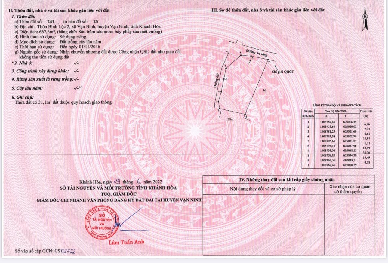 Đất nền 2 mặt tiền 667m2 chính chủ Bắc Vân Phong - Khánh Hoà