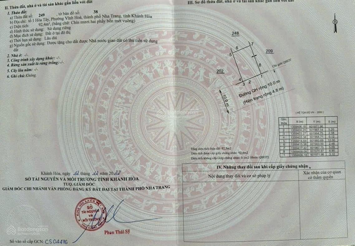 Bán đất hẻm ô tô Nguyễn Chích, Vĩnh Hoà, Nha Trang. Dt:92m2. Ngang 8m.Cách biển 2km. Giá: 4,868 tỷ