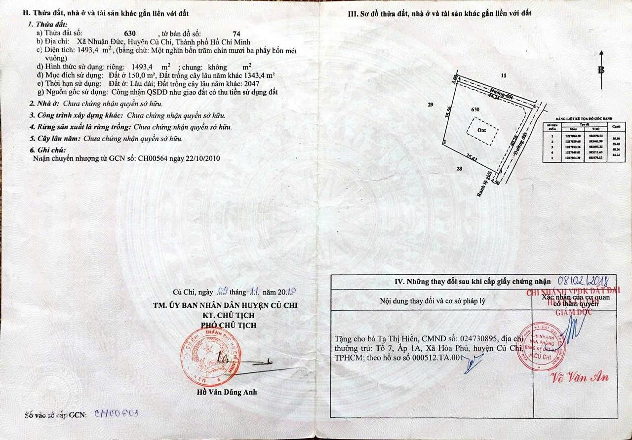 Bán đất 1.493 m² Xã Nhuận Đức, Huyện Củ Chi mặt tiền đường nhựa sổ hồng riêng