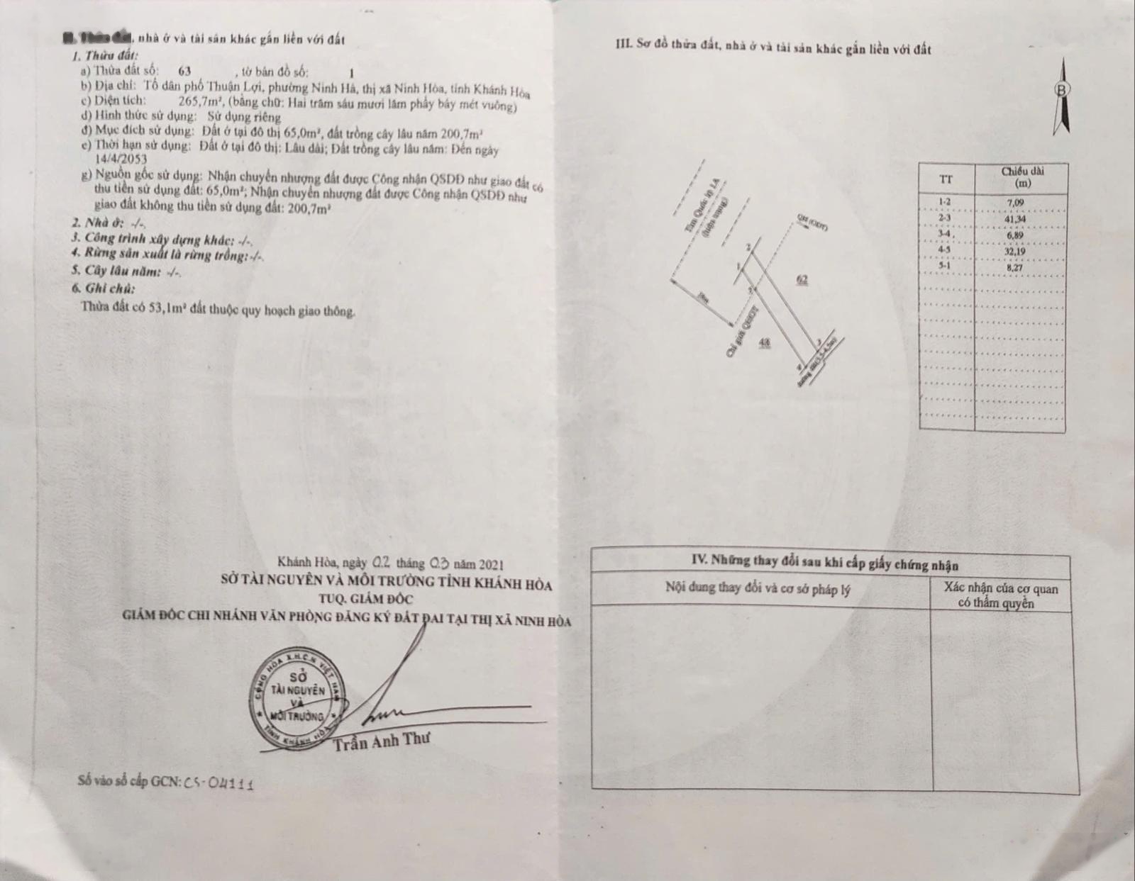 Đất mặt tiền Quốc Lộ 1A Ngay ngã ba Ninh Hoà có thổ cư, 2 mt trước sau 265.7m2 giá 3ty2