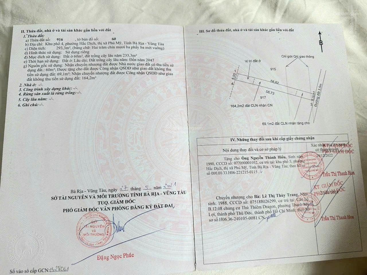 Bán lô chân dài đường nhựa KP4 P. Hắc Dịch Phú Mỹ, xung quanh full tiện ích, DT: 5x59m giá 1,32 tỷ