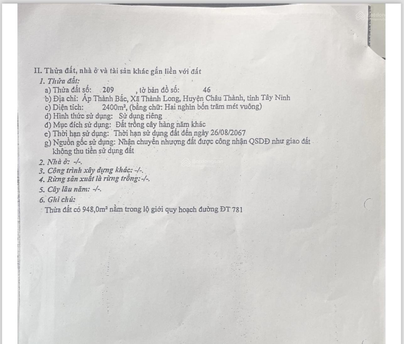 Đất 2400m2 ngang 60m mặt tiền đường ĐT 781 tại Xã Thành Long, Huyện Châu Thành, Tỉnh Tây Ninh