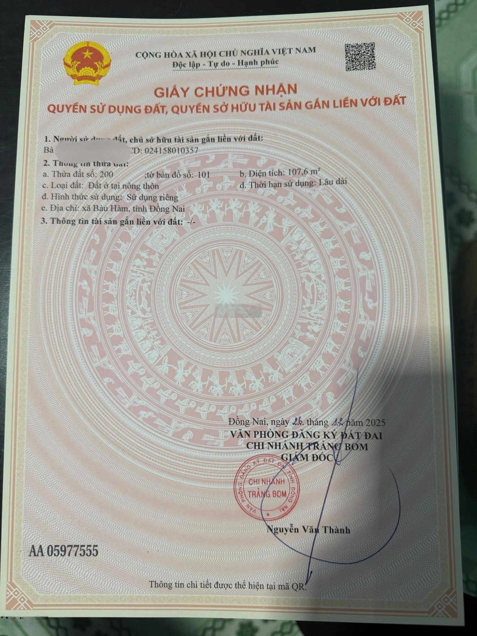 Bán sỉ 16 sổ, đất sổ hồng thổ cư. Khu phân lô. Xã Bàu Hàm, Trảng Bom. Tổng DT 1800m2, giá 8,8 tỷ