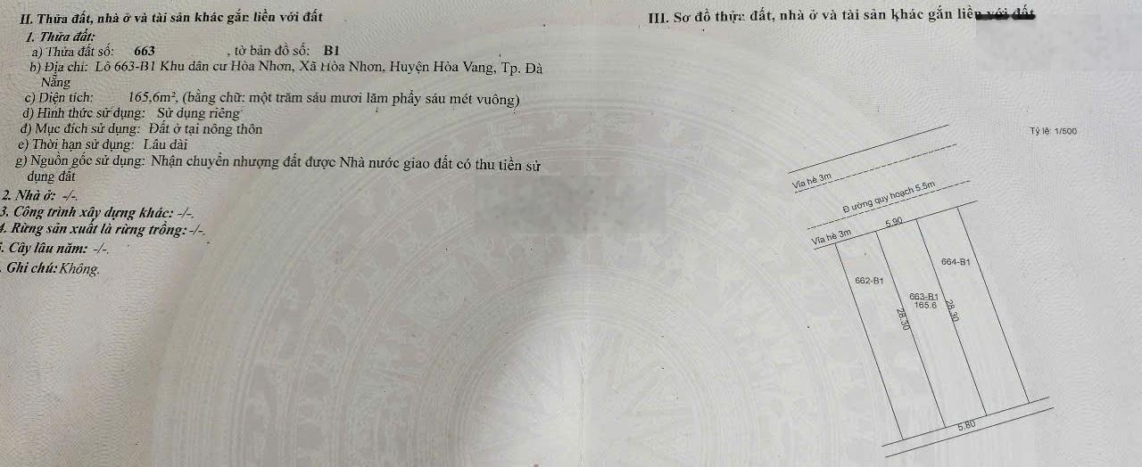 Bán đất Trường Sơn, Hòa Nhơn, Hòa Vang, Đà Nẵng, 3,2 tỷ, 165,6m2, giá cực chất hot!