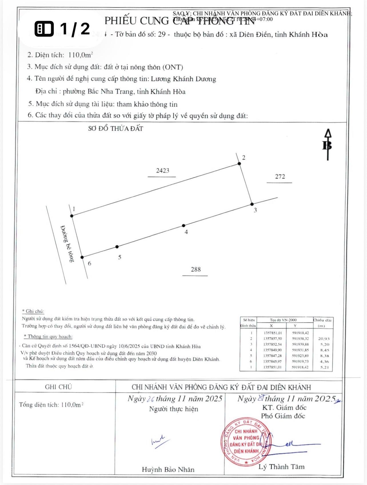 Bán đất thổ cư Diên Sơn, Diên Khánh. Đất gần chợ, uỷ ban trường học. Cách đường nhà vuông chỉ 60m