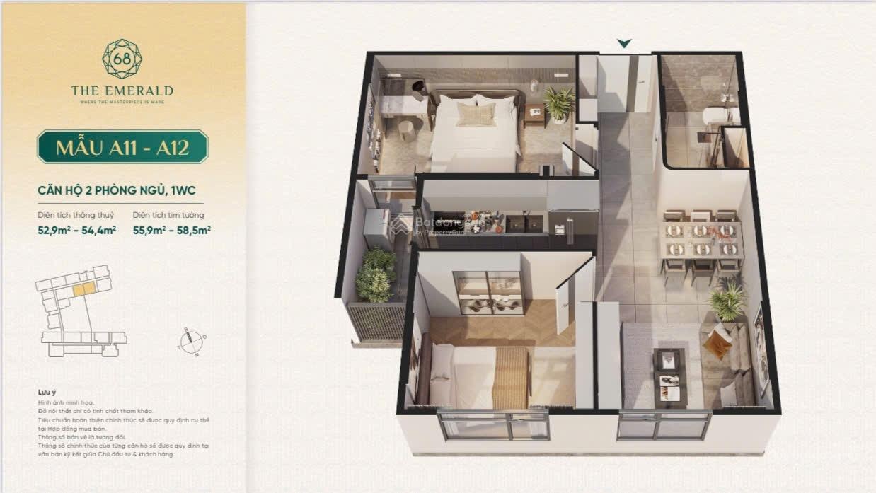 Căn góc 2PN1WC 3 mặt thoáng riêng tư tại The Emerald 68 - Giá 3,480 Tỷ (Đã bao gồm VAT và PCN)