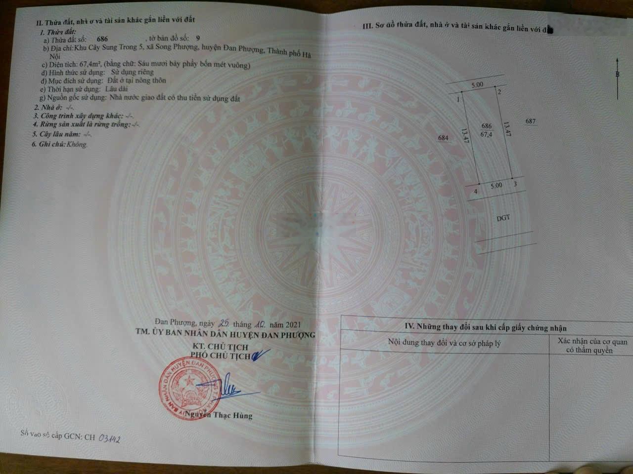 Lô 686 khu đấu giá Cây Sung 5, Song Phượng, Đan Phượng. -Diện tích 67.4m2, Giá rẻ nhất khu