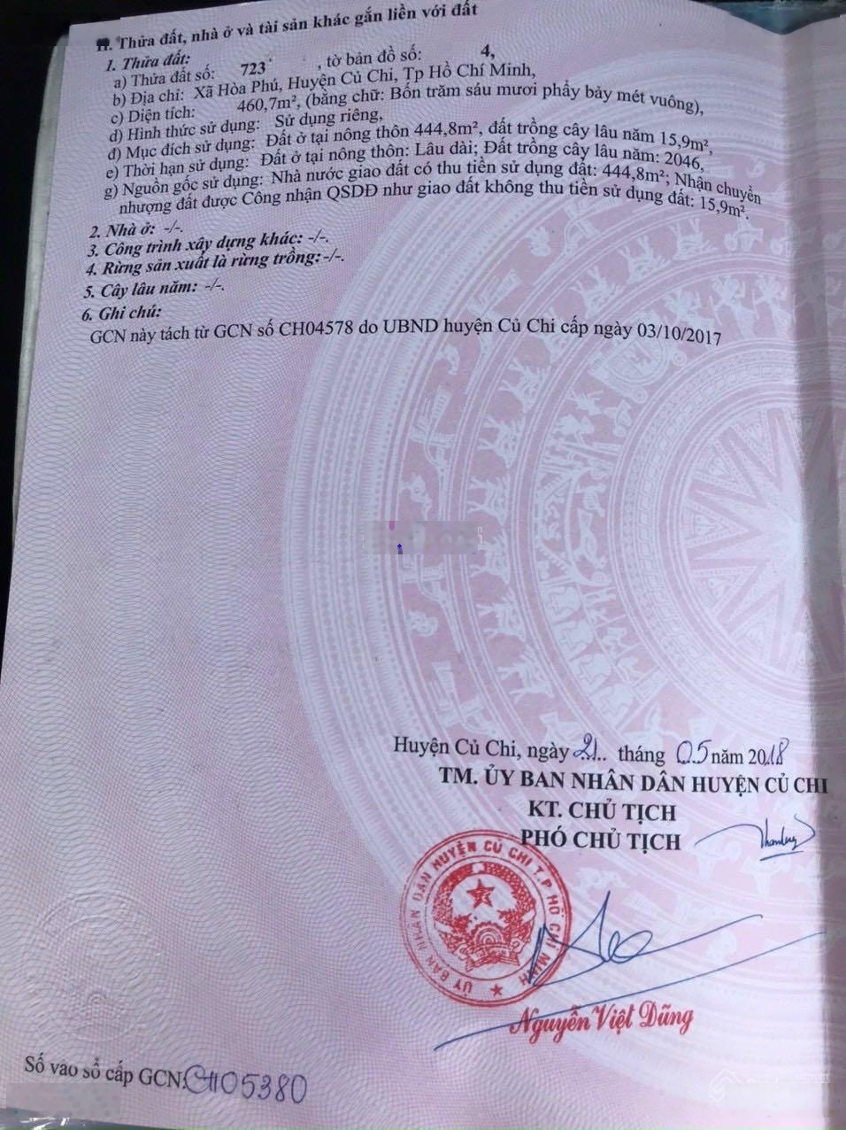 Đất thổ cư (10x46m), Hoà Phú, Củ Chi