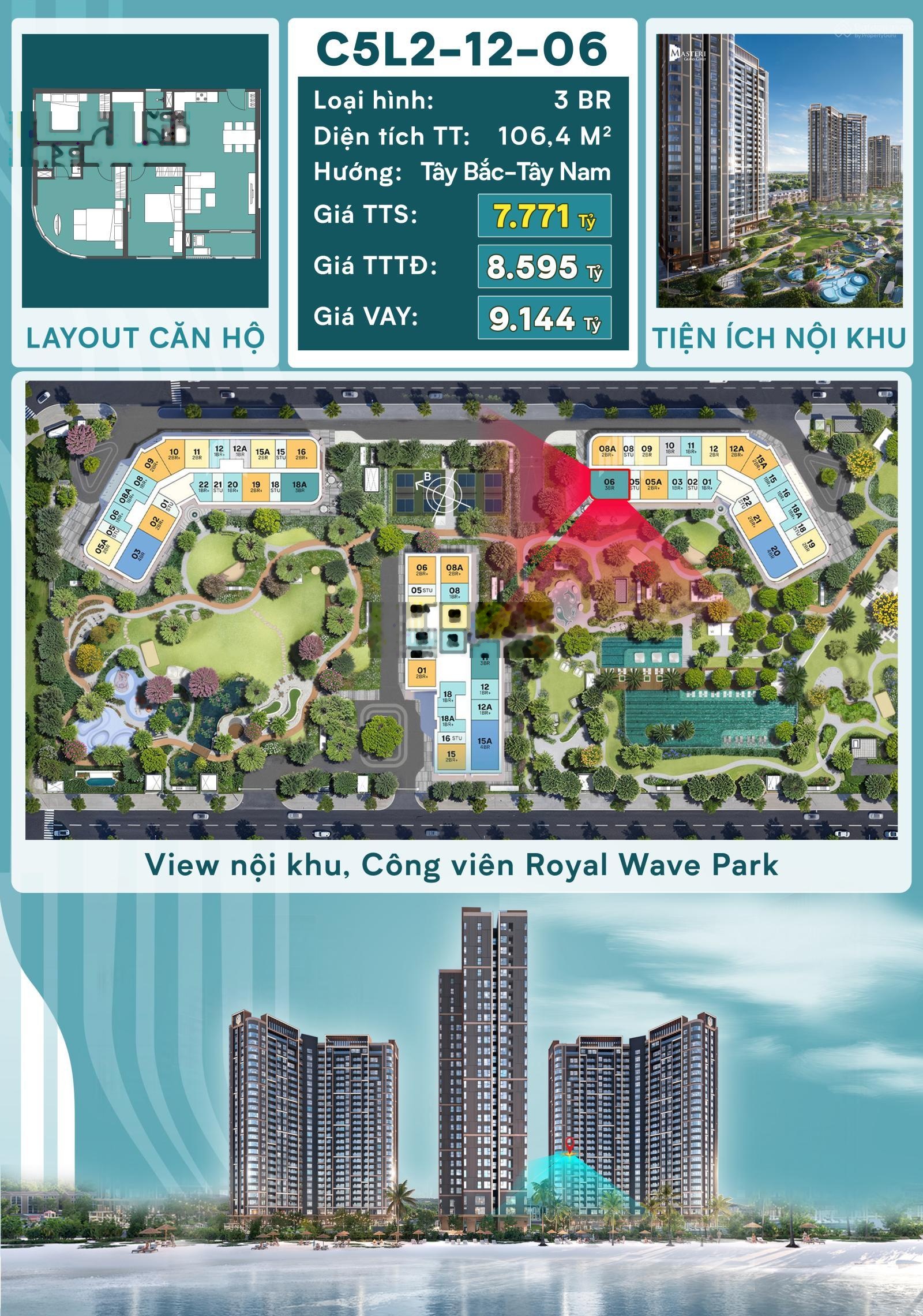 Masteri Grand Coast: Căn 3PN + kính cong, view hồ tạo sóng. LH 0337133581