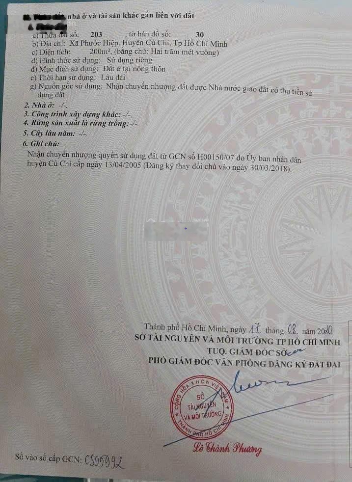 Mặt tiền Nhựa kinh doanh Phước Hiệp-Củ Chi ( ngang 8 dài 25) thổ cư hết đất GIÁ 1,5 tỷ thương lượng