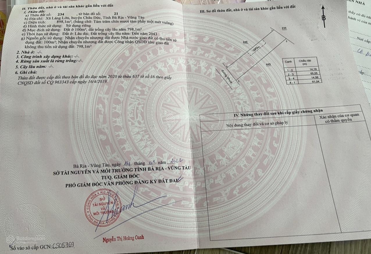 Bán đất chính chủ Xã Láng Lớn, Châu Đức (cũ), có sổ