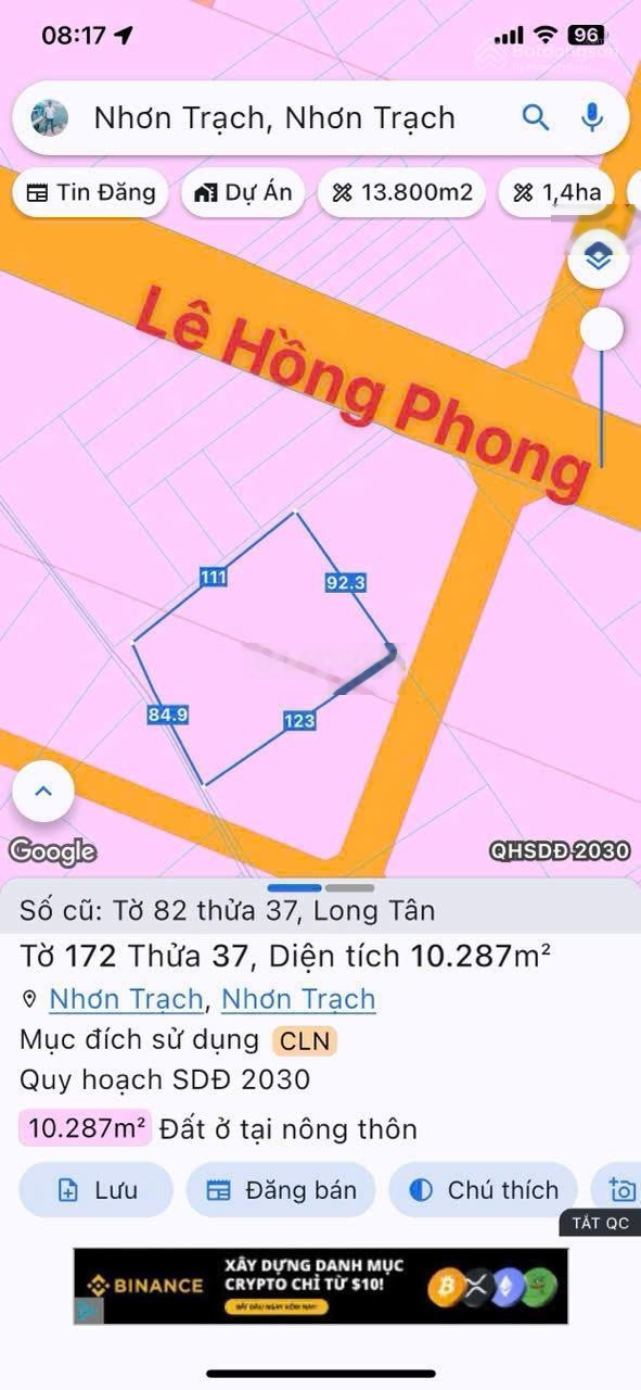 Góc 2 mặt đường. [10,287m2], QH ONT, đường ô tô, 1/ Lê Hồng Phong, xã Nhơn Trạch mới