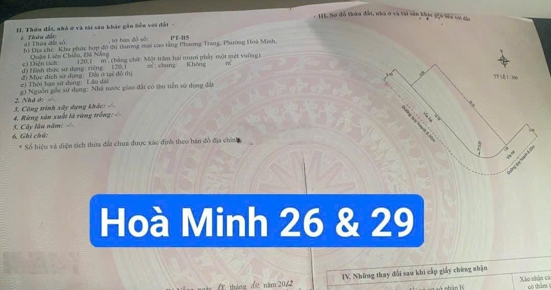 Bán lô góc 2 mặt tiền Hoà Minh 29 - 26 sau lưng Nguyễn Sinh Sắc