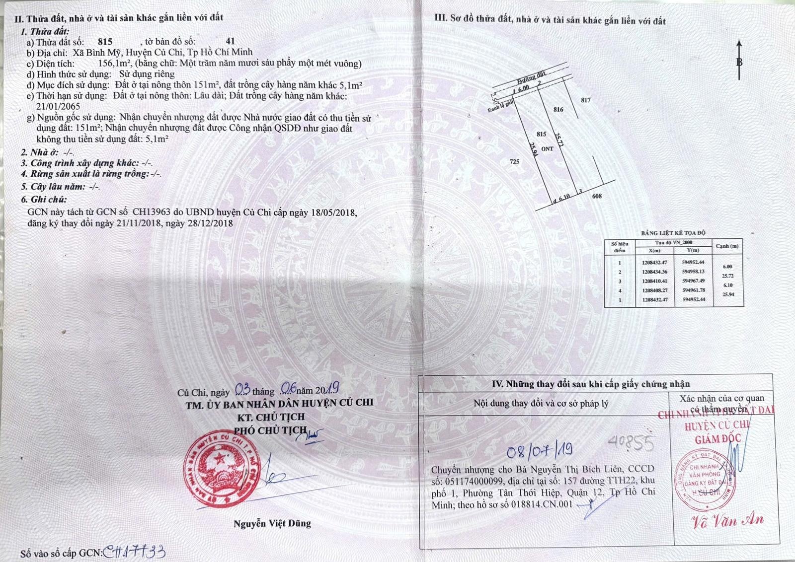 Bán đất thổ cư 6x25=156m nở hậu 6,1m.