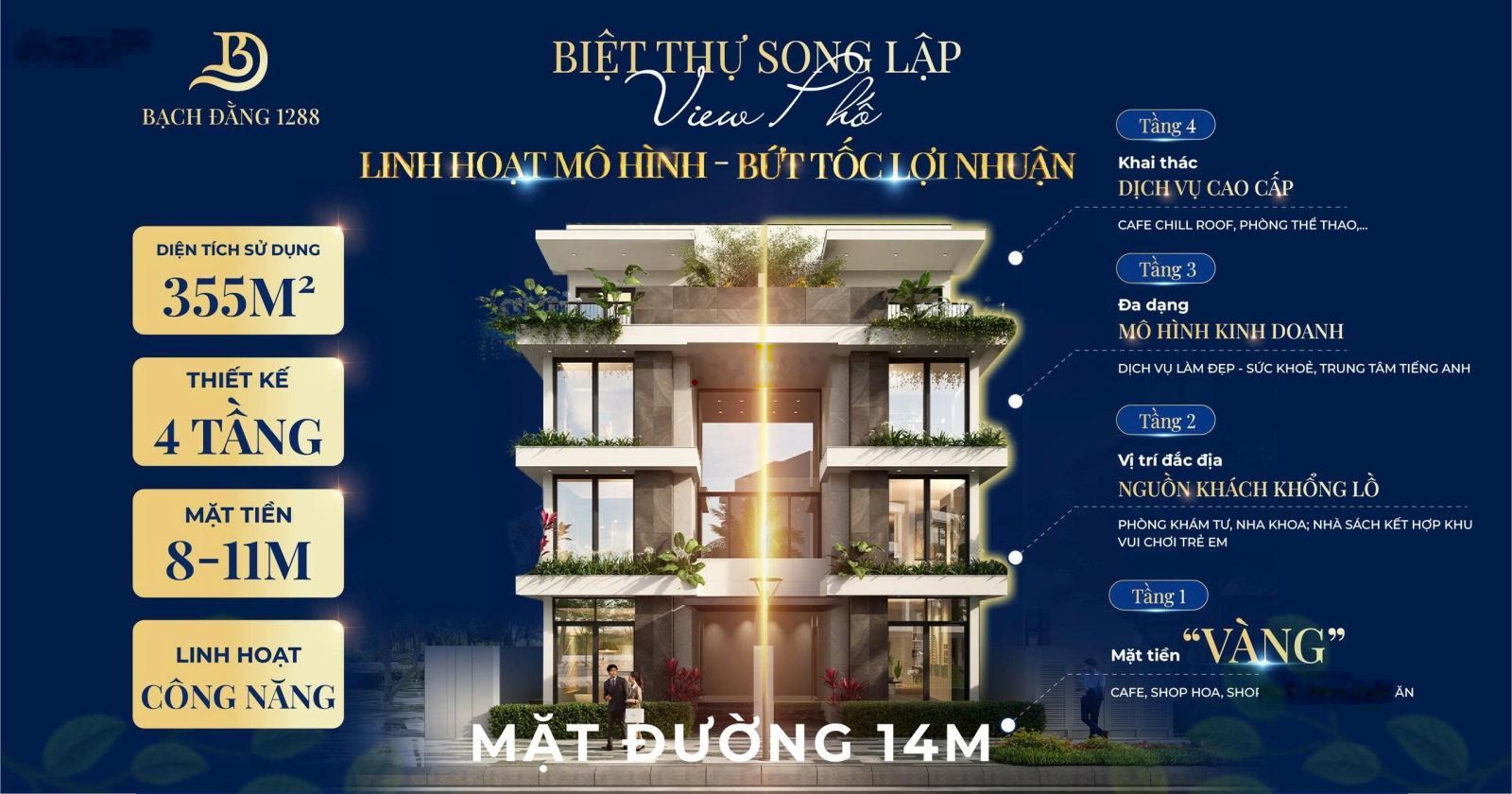Sở hữu biệt thự 126m2 tại Bạch Đằng 1288 CK lên đến 36%, Mặt tiền 9m. Giá chỉ 11,1 tỷ (100%)