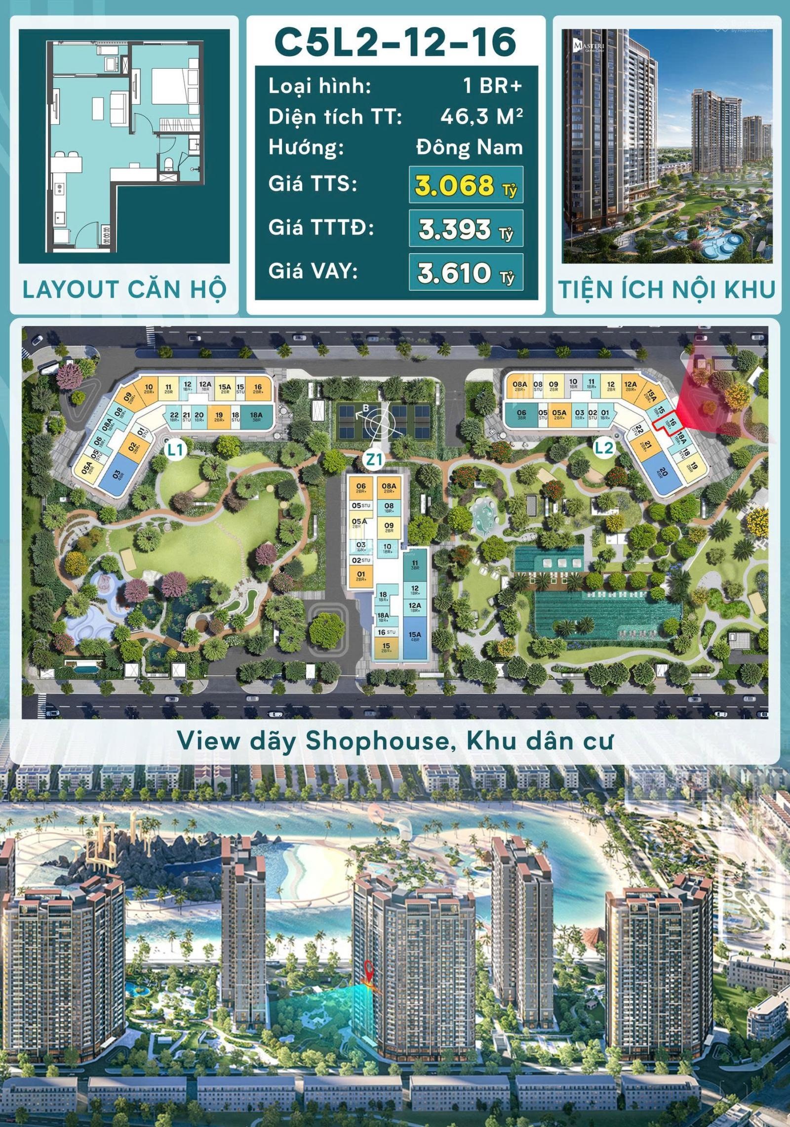 Duy nhất căn hộ 1PN + view công viên nội khu hướng Đông Nam - Masteri Grand Coast