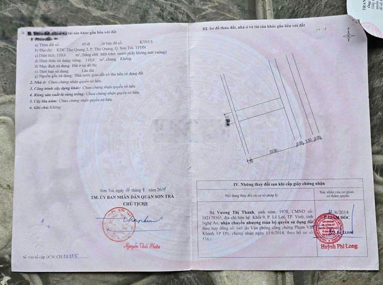 CẦN CHUYỂN NHƯỢNG LÔ đất DT 110 m ngang 5 m ĐƯỜNG 5M5.. Mân Quang. sơn trà đà nẵng