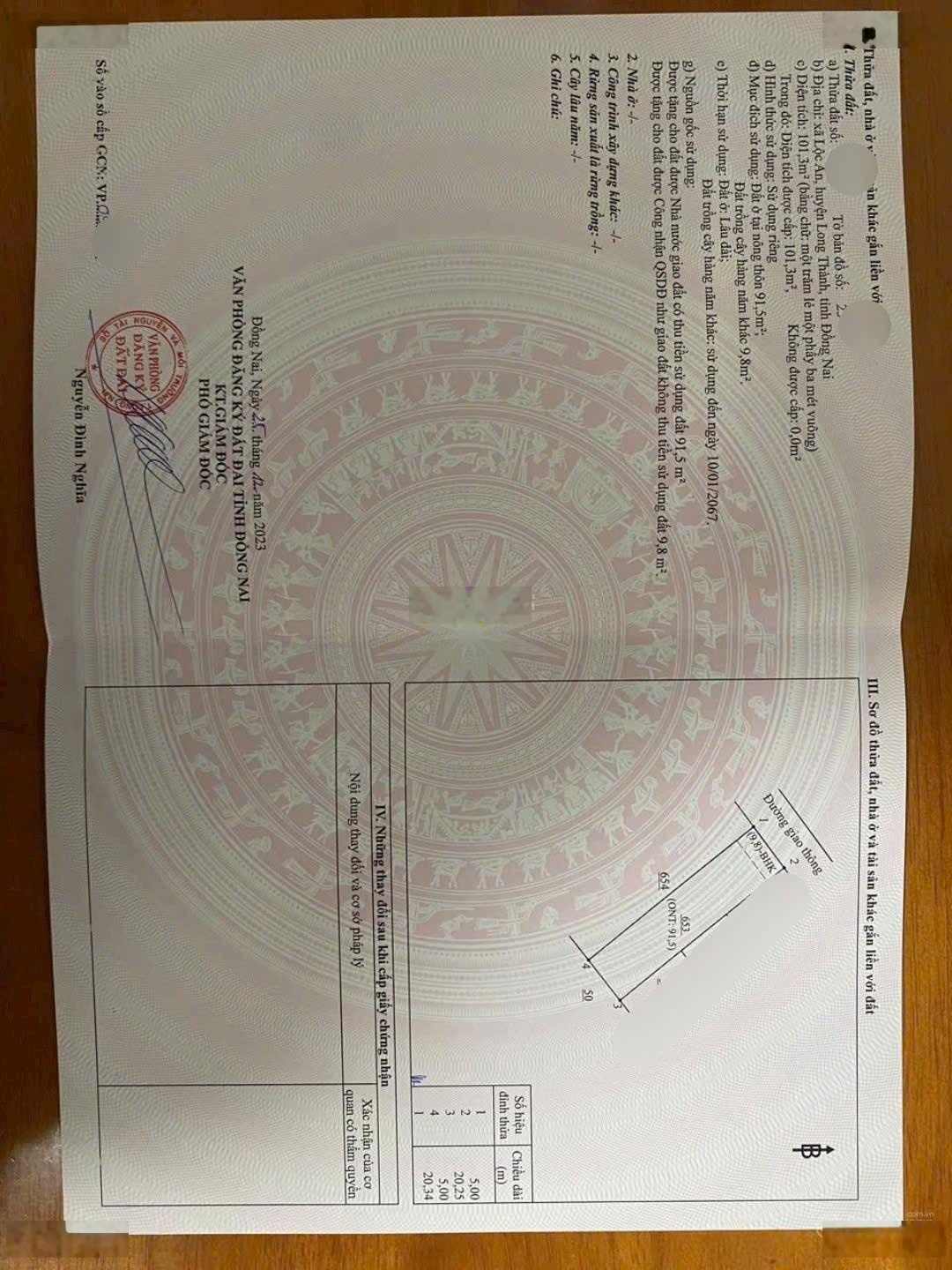 Bán Lô đất Sổ Hồng Thổ cư, dt 5 x 20m = 100m Giá 1,4 tỷ. TL 769 vào Khu Bưng Cơ, Lộc An, Long Thành