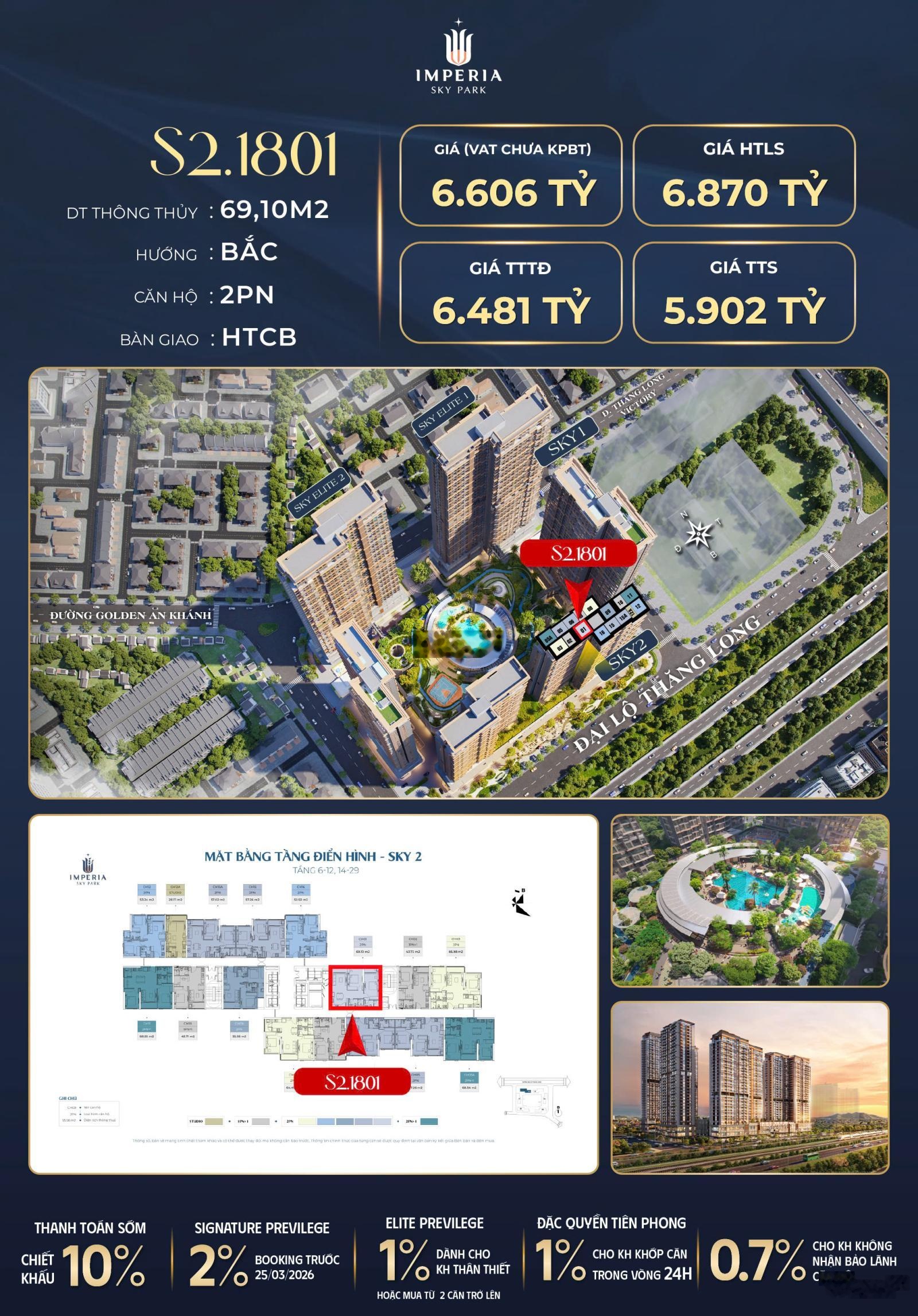 Chính chủ cần nhượng căn hộ 1PN+ (44m2) dự án Imperia Sky Park KĐT Nam An Khánh. Giá 3,3x tỷ