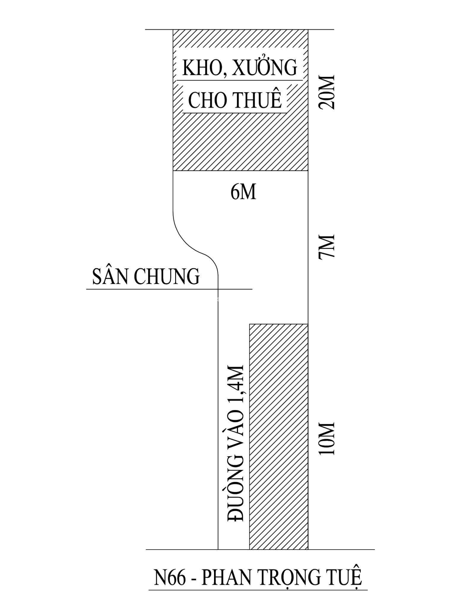 Cho thuê kho xưởng. DT 120m2. Thêm sân chung 50m2. Ngay sau mặt đường. Hè 9m. ĐC 66 Phan Trọng Tuệ