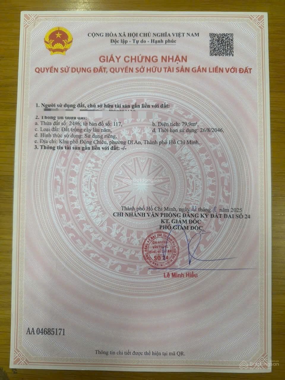 Chính chủ cần bán đất ở KP Chiêu Liêu. Tân Đông Hiêp. KDC an ninh. Ngang 4m. DT 79,9m2