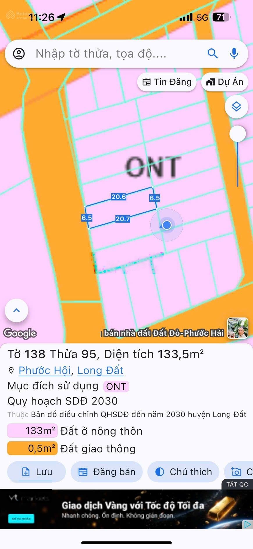 Lô đất ven biển lộc an xã phước hải - tp hồ chí minh dt: 133,5m2 full thổ cư (6,5x20,6)