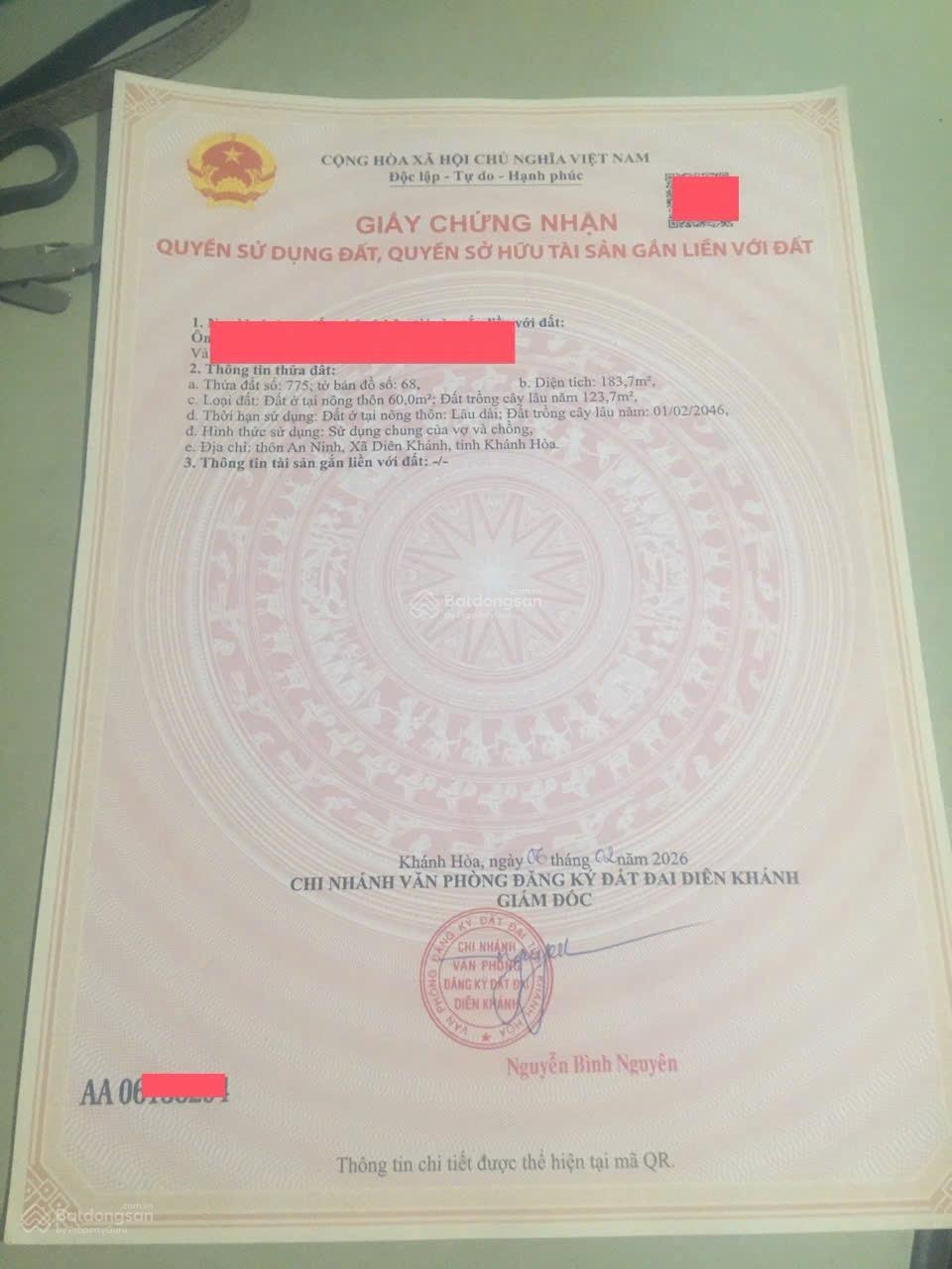 Bán đất (183.7 m2, ngang 5m) thôn An Ninh - Diên An - Diên Khánh - Giá 2.05 tỷ