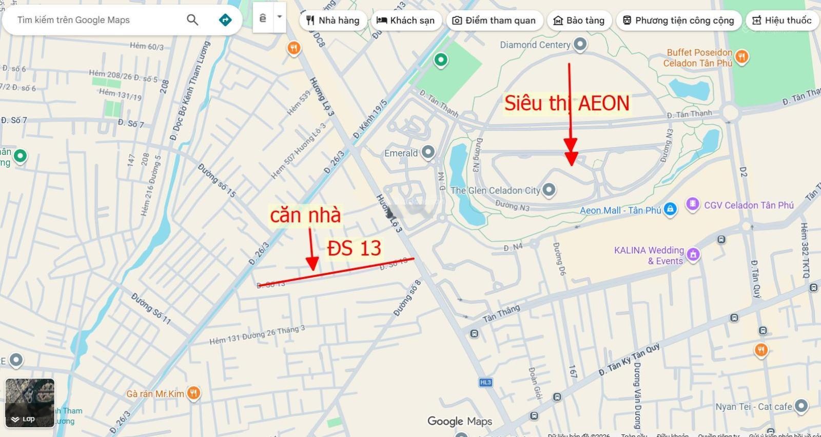 Mặt tiền đường số 13 (5x21m) - 1 lầu - cách Aeon Mall 100m - dòng tiền 18tr/th - giá 9.35 tỷ