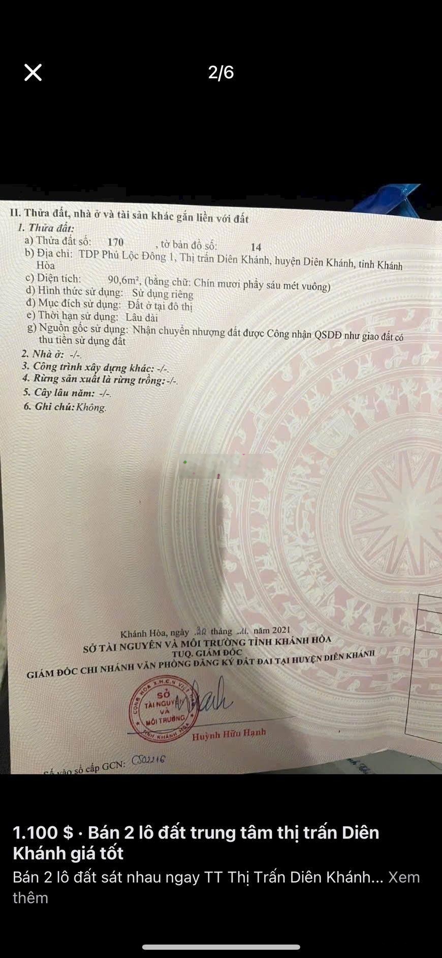Bán lô đất ngay TT Thị Trấn Diên Khánh - LH: 0905211133