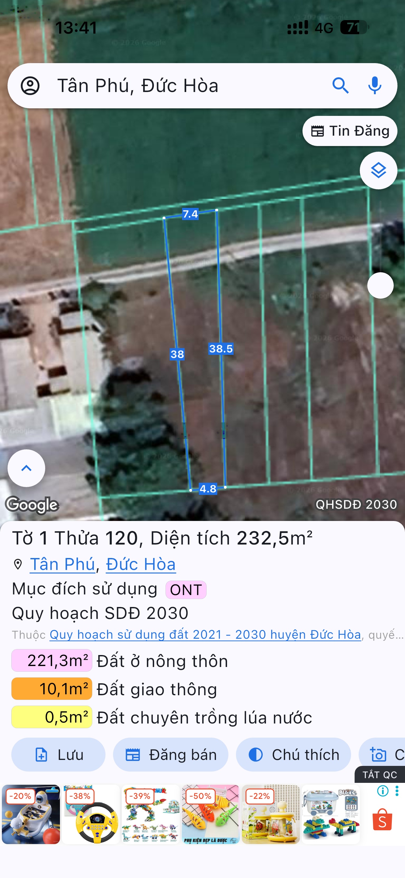 232m2 Ở Tân Phú, Đức Hoà. Thổ cư full đất bán rẻ cho ai cho nhu cầu mua ở. Bán 725 triệu thôi.