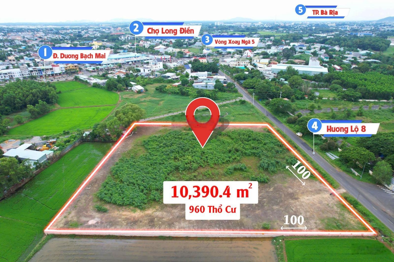 Đất hiếm có: 100mx100m =10.390m2 - Có 960m2 ODT - Đường Hương Lộ 8 chuẩn bị mở rộng cách chợ 200m