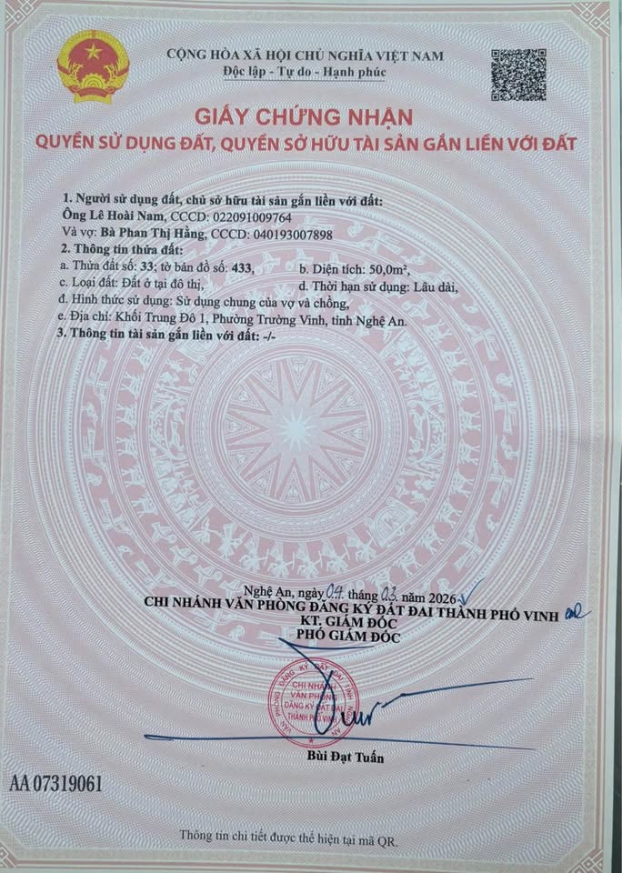 Bán đất 50m², mặt tiền 8,34m tại Khối 1, Trung Đô, thành phố Vinh