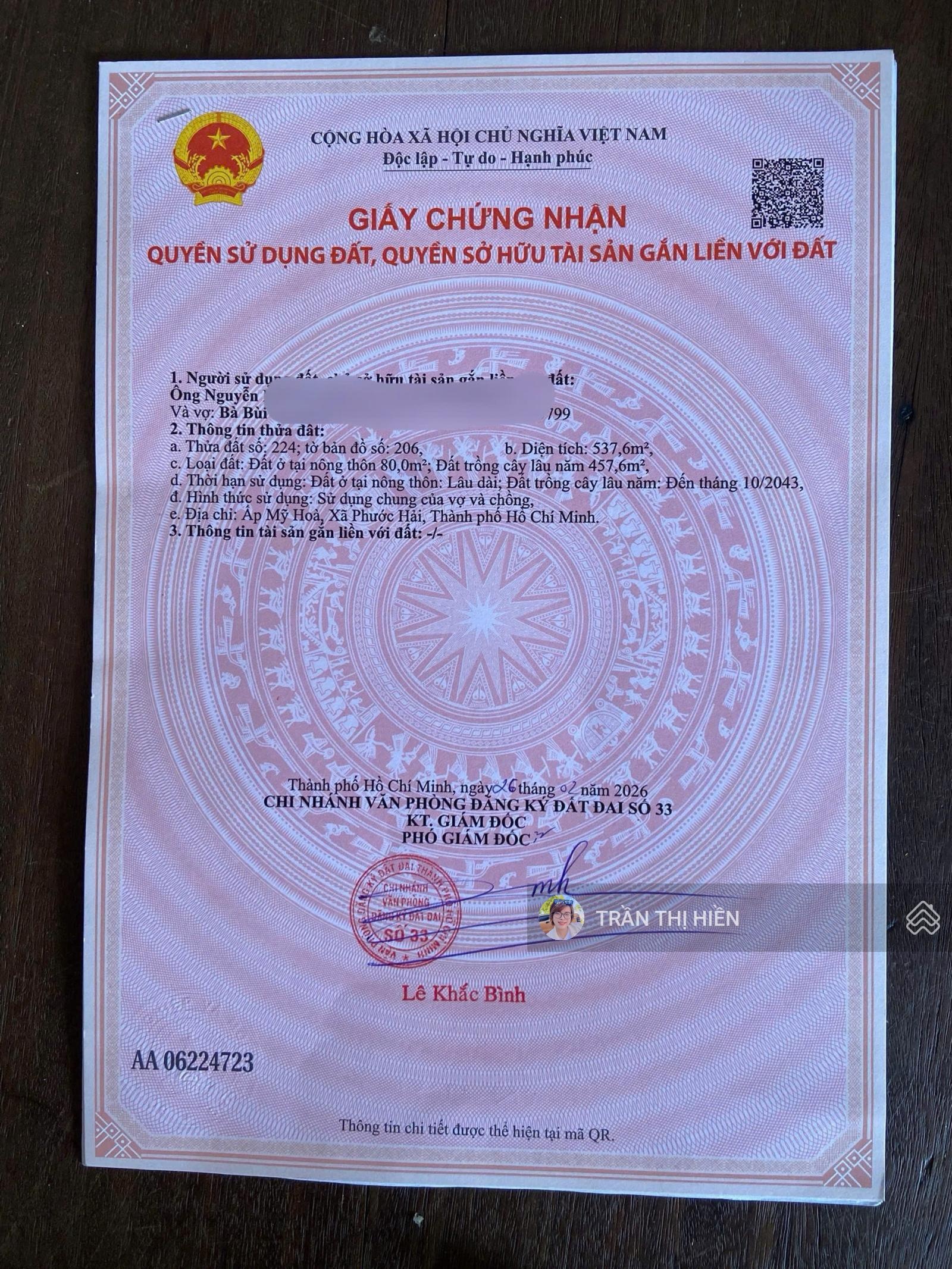 Bán đất xã Phước Hải - TP Hồ Chí Minh; cách biển Phước Hải chỉ 4km DT 537m2 - sẵn 80m2 thổ cư