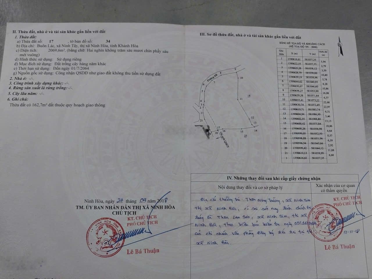 Cần bán lô đất Thôn Buôn Lác, Xã Ninh Tây, DT 2.069 m2
