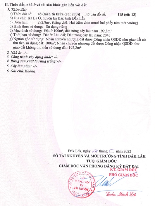 QSDĐ thửa đất số: 48, tờ bản đồ số: 115; X.Ea Ô, H.Ea Kar, T.Đắk Lắk