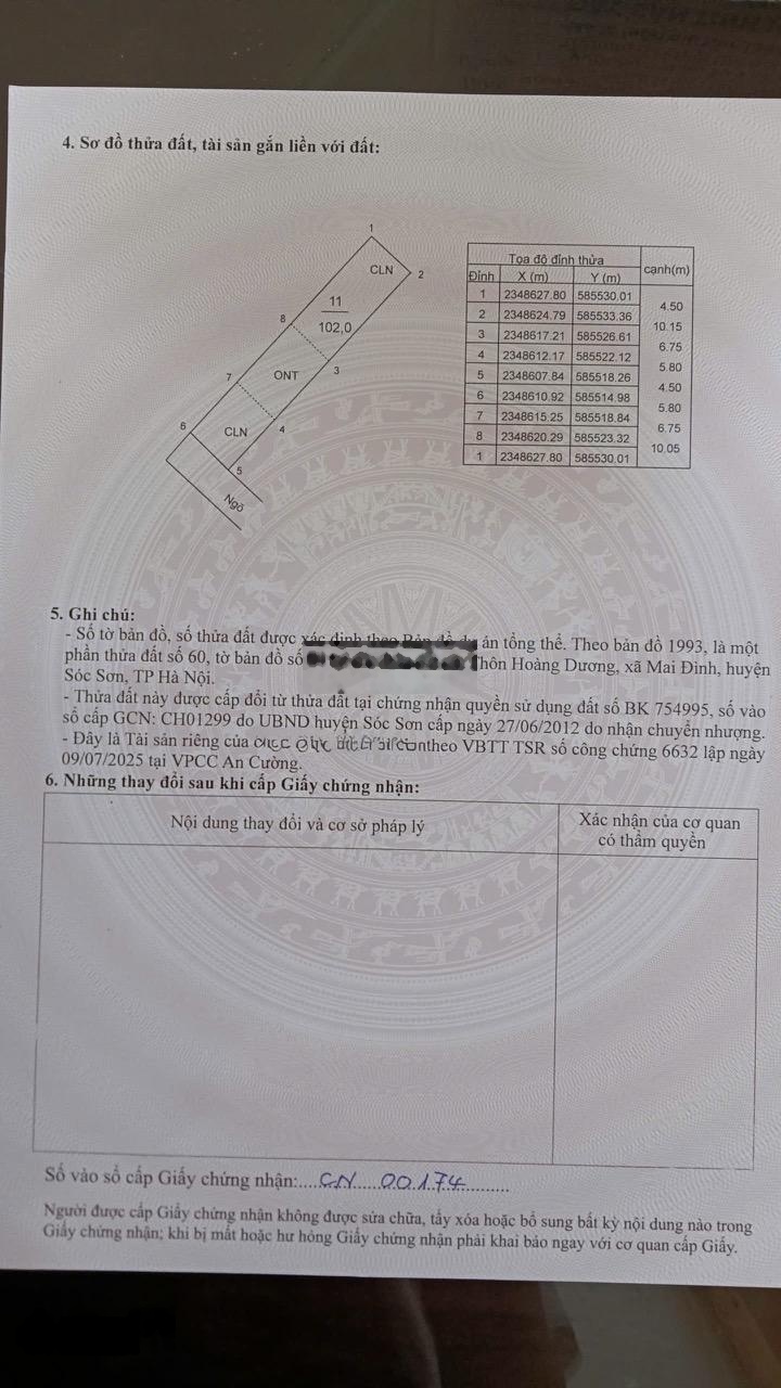Bán 102m2 đất tại Thôn Hoàng Dương, xã Mai Đình, huyện Sóc Sơn, Hà Nội