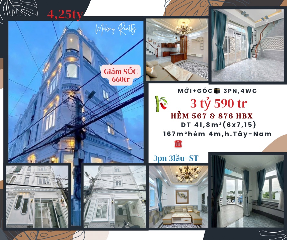 Bán nhà mới 3 lầu 4 phòng ngủ, có gara để ô tô hẻm 567 Hồ Búng Xáng, giá bán 3,59 tỷ