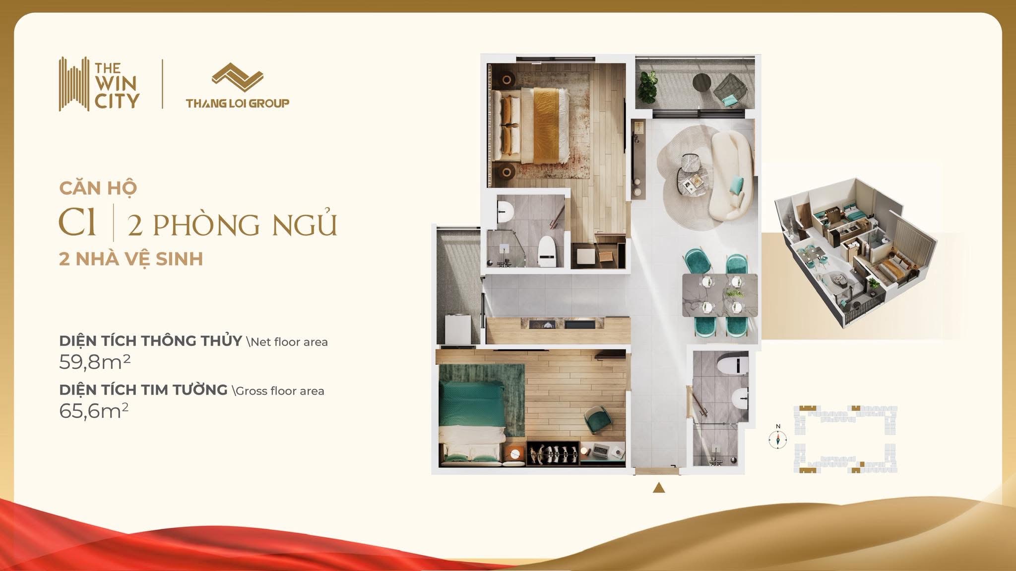 Suất nội bộ căn 2 phòng ngủ The Win City dưới 2 tỷ, tặng gói full nội thất cho 300 booking đầu tiên