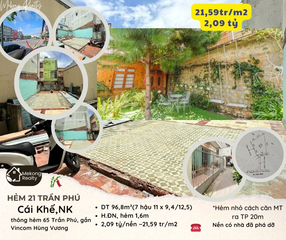 Bán đất 100m2, giá 22 triệu/m2 ở hẻm 21 Trần Phú gần Vincom Hùng Vương