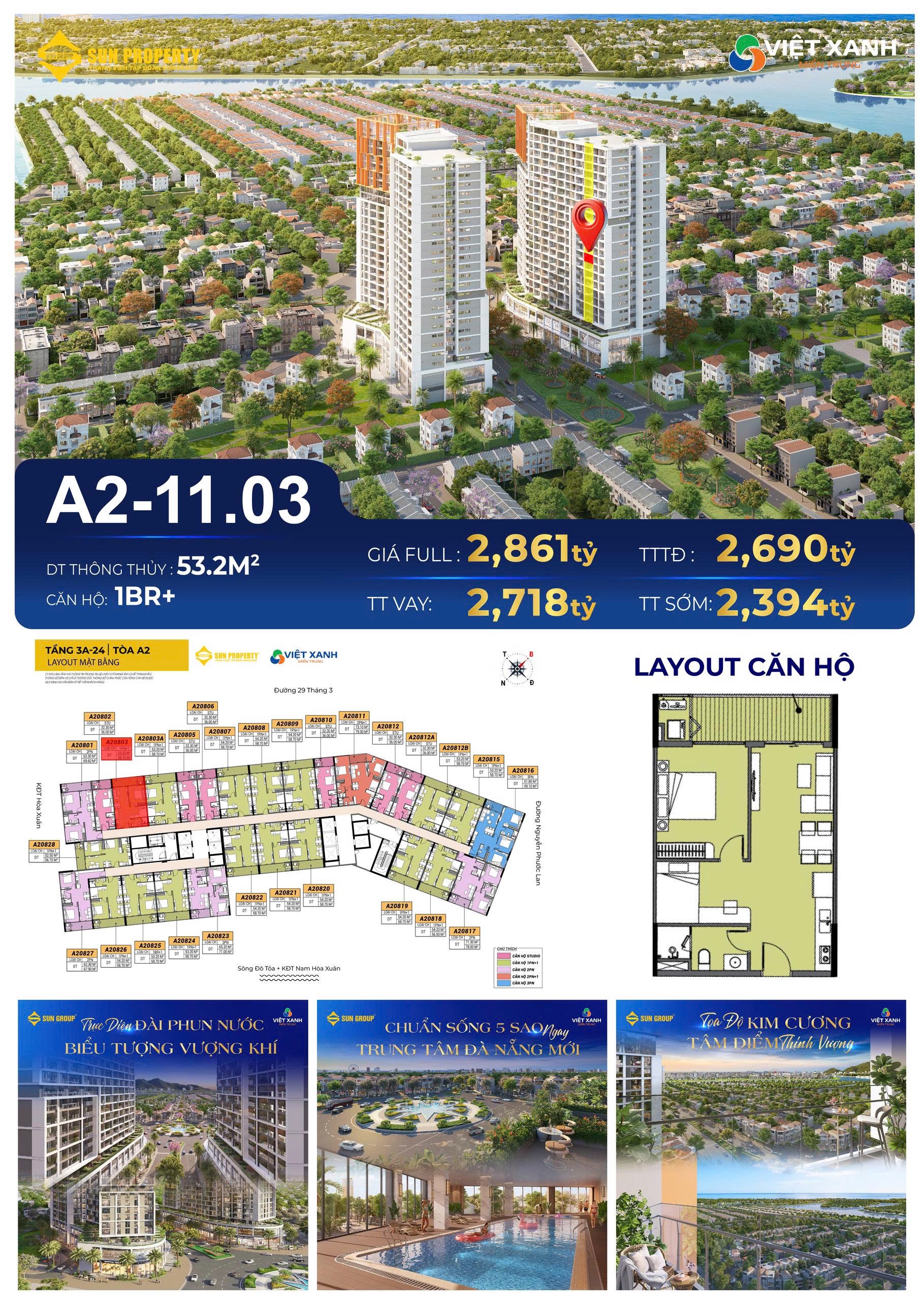 Giỏ hàng độc quyền studio - 1 ngủ Sun Cora Tower - Chỉ từ 1,6 tỷ (100%) - Chiết khấu Booking Early Bird 5%