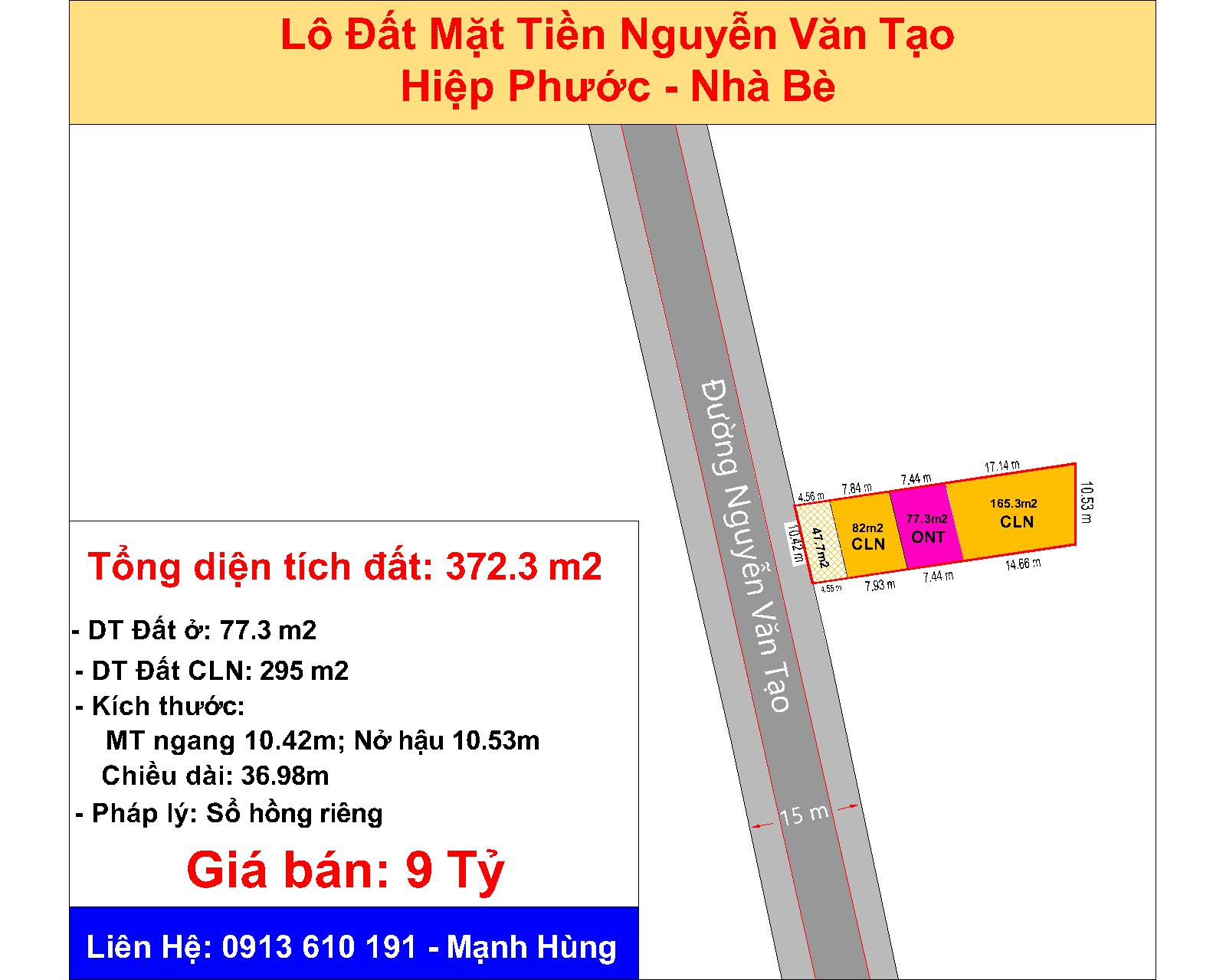 Lô đất 372 m2 Mặt tiền Nguyễn Văn Tạo, Hiệp Phước