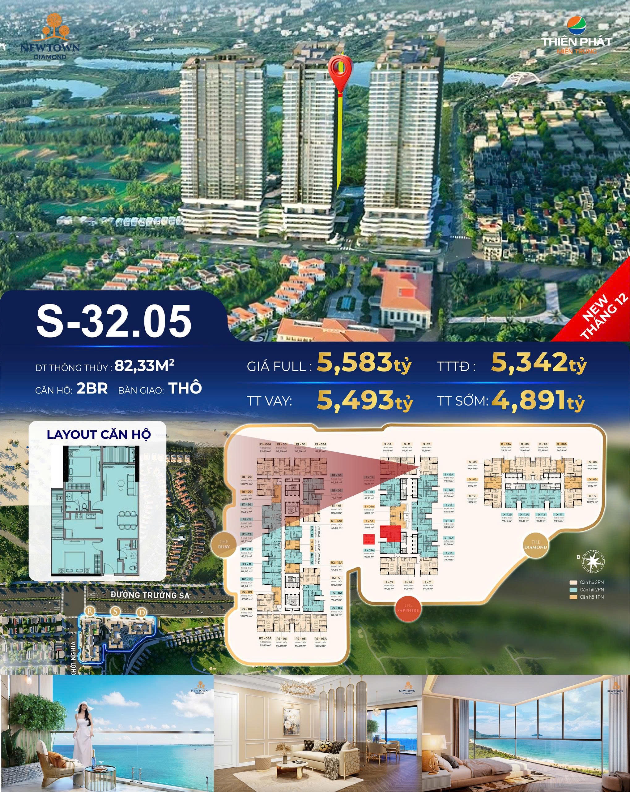 Chỉ từ 4,8x tỷ sở hữu căn 2 ngủ Newtown Diamond, view trực diện biển, sở hữu lâu dài, chiết khấu 12%