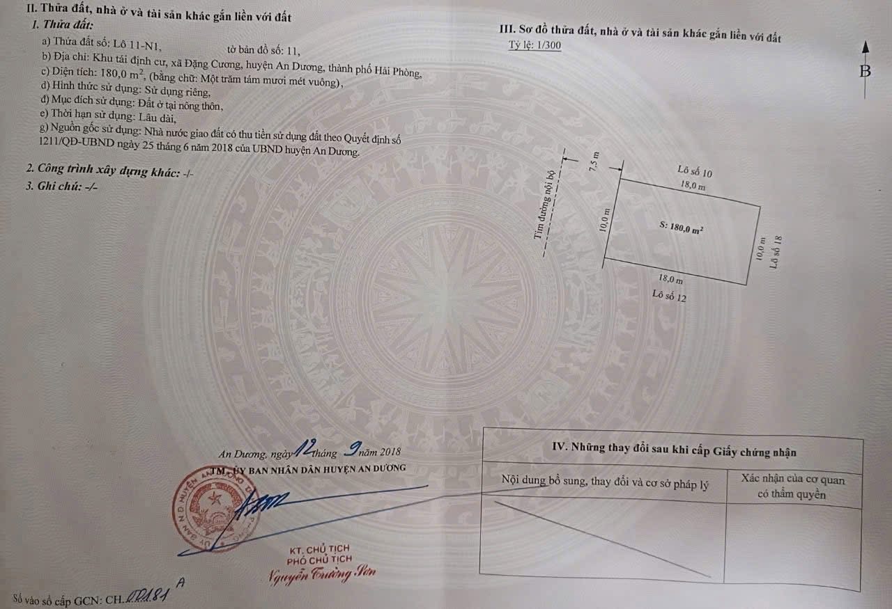 Bán 180m2 tái định cư Đặng Cương, An Dương, Hải Phòng