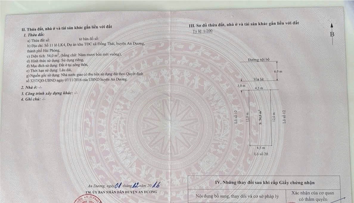 Bán 54m2 tái định cư Bạch Mai, An Dương, Hải Phòng