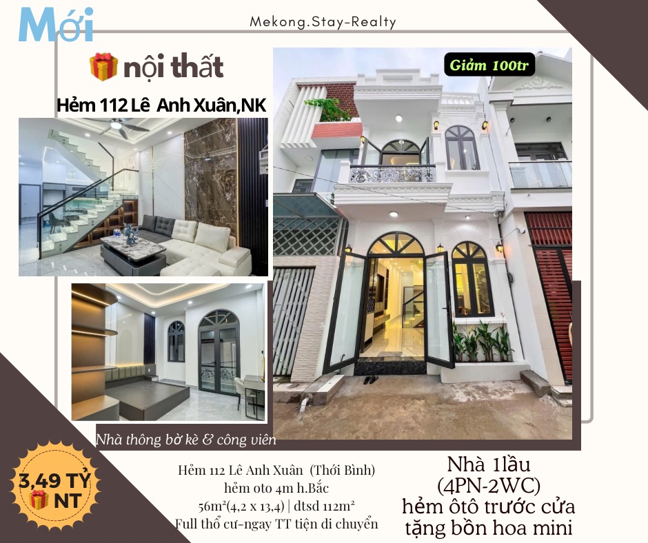 Bán nhà 1 lầu 56m² 4 phòng ngủ, hẻm 112 Lê Anh Xuân, gần Công viên Yết Kiêu, giá 3,49 tỷ