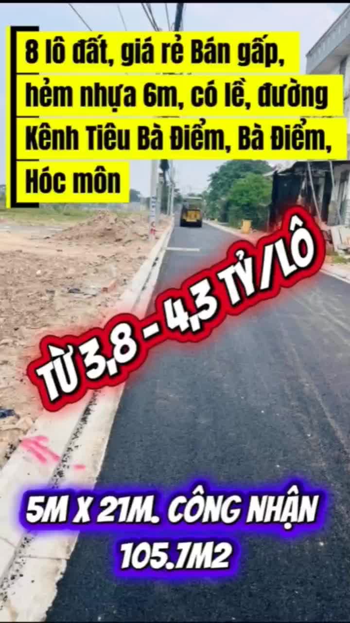 Bán đất thổ hẻm nhựa 6m, có lề, Kênh Tiêu Bà Điểm 1, Bà Điểm, Hóc Môn, 106m2, ngang 5m, giá rẻ